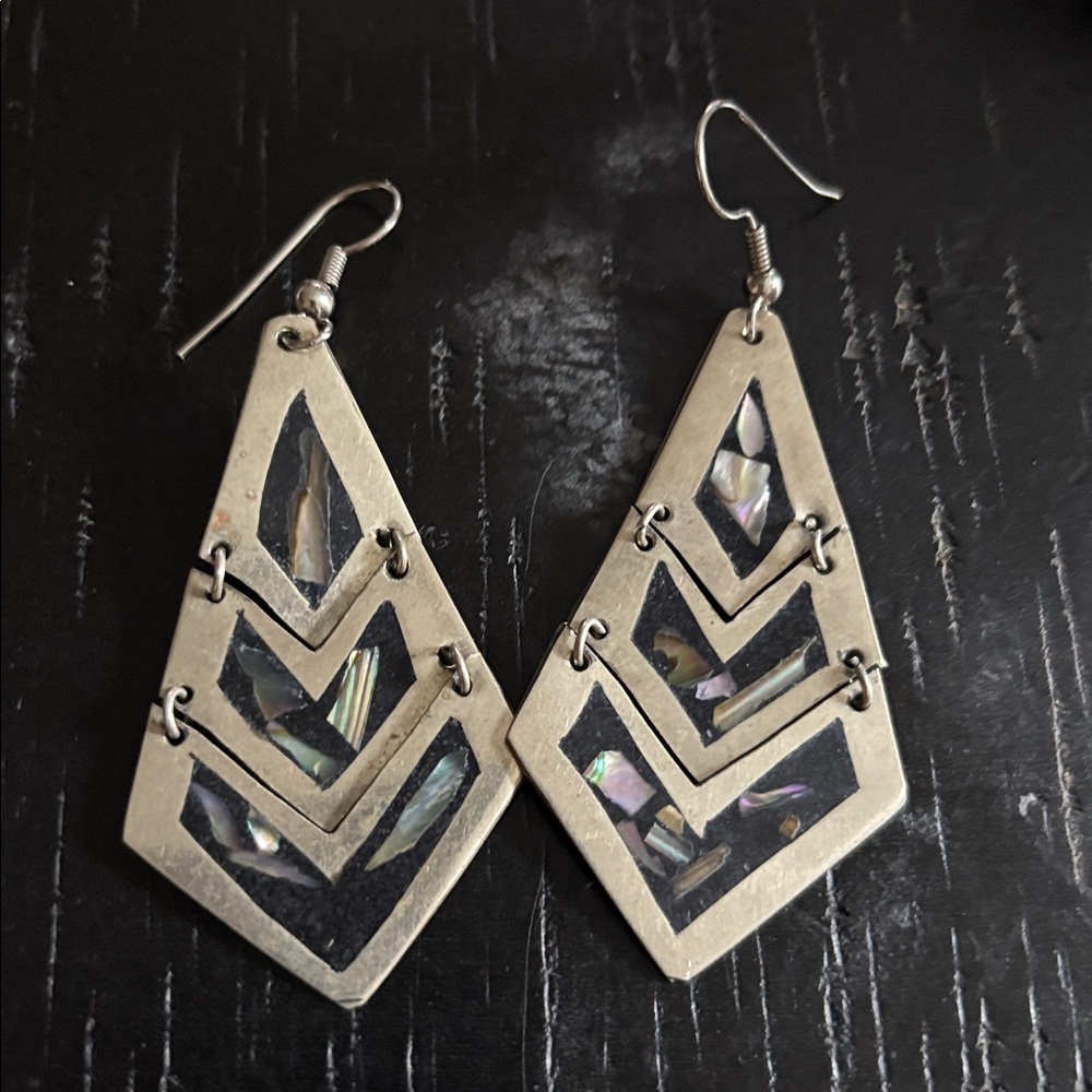 Abalone Alpaca Mexico Silver Tone Chevron Dangle Earrings